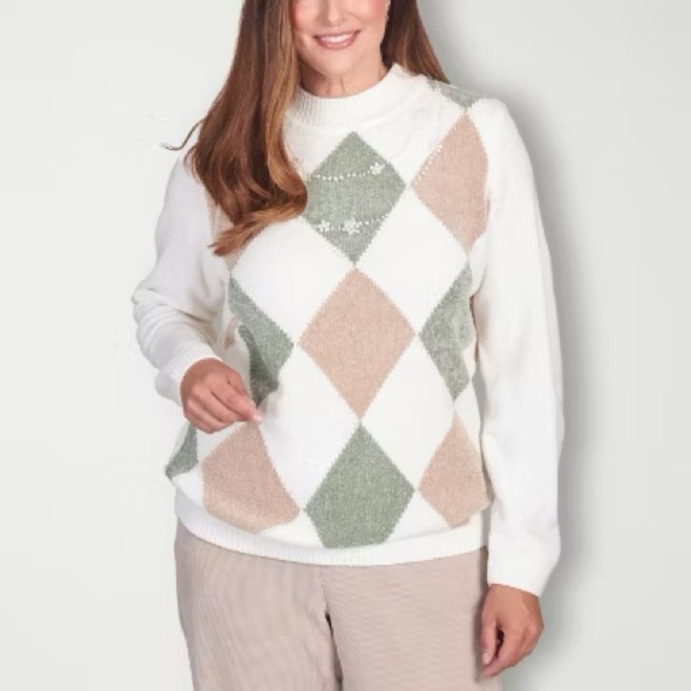 Alfred Dunner St Moritz Argyle Sweater Pearl Necklace Detail Ivory Petite Small